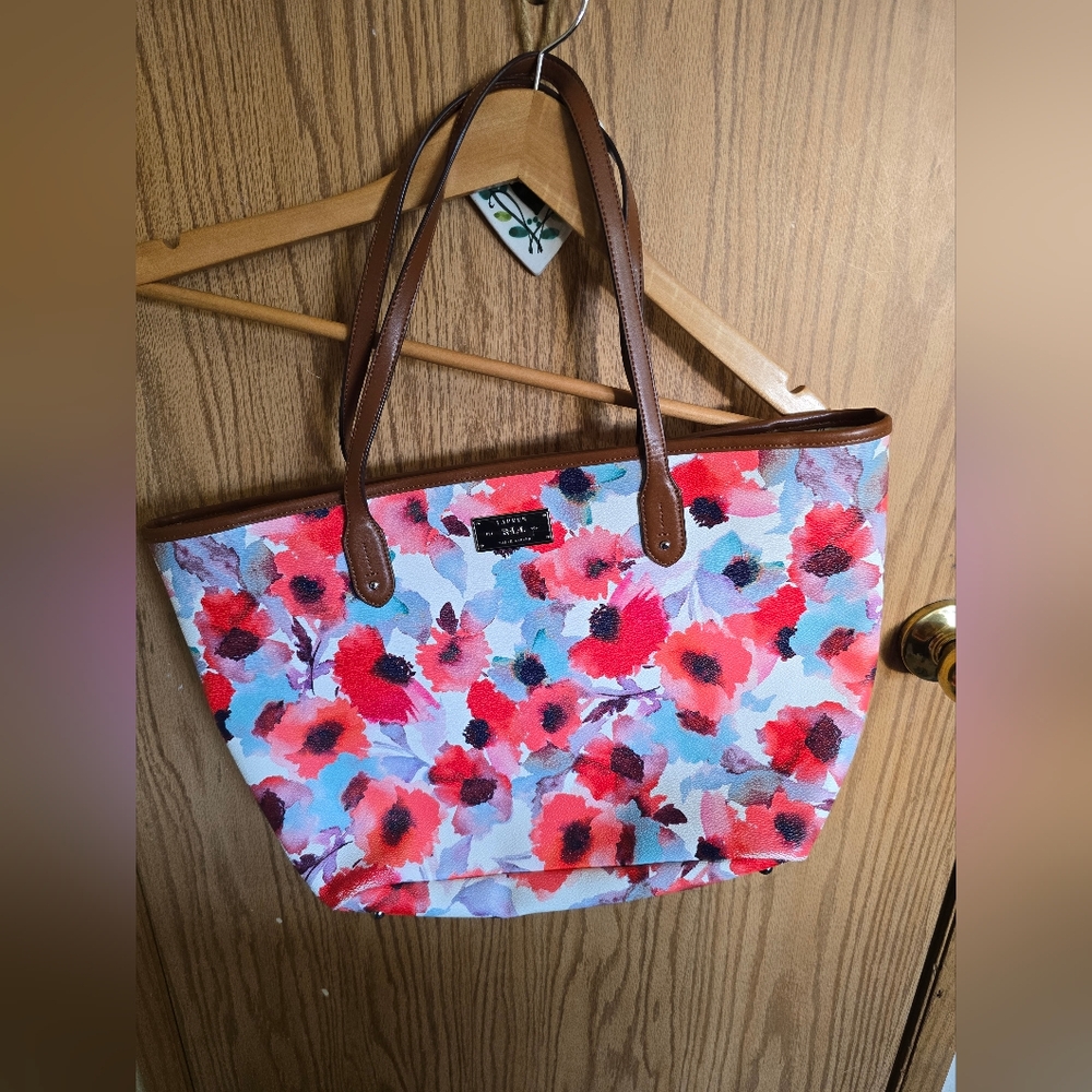 Ralph Lauren Double RL Red Floral Tote with Brown Handles